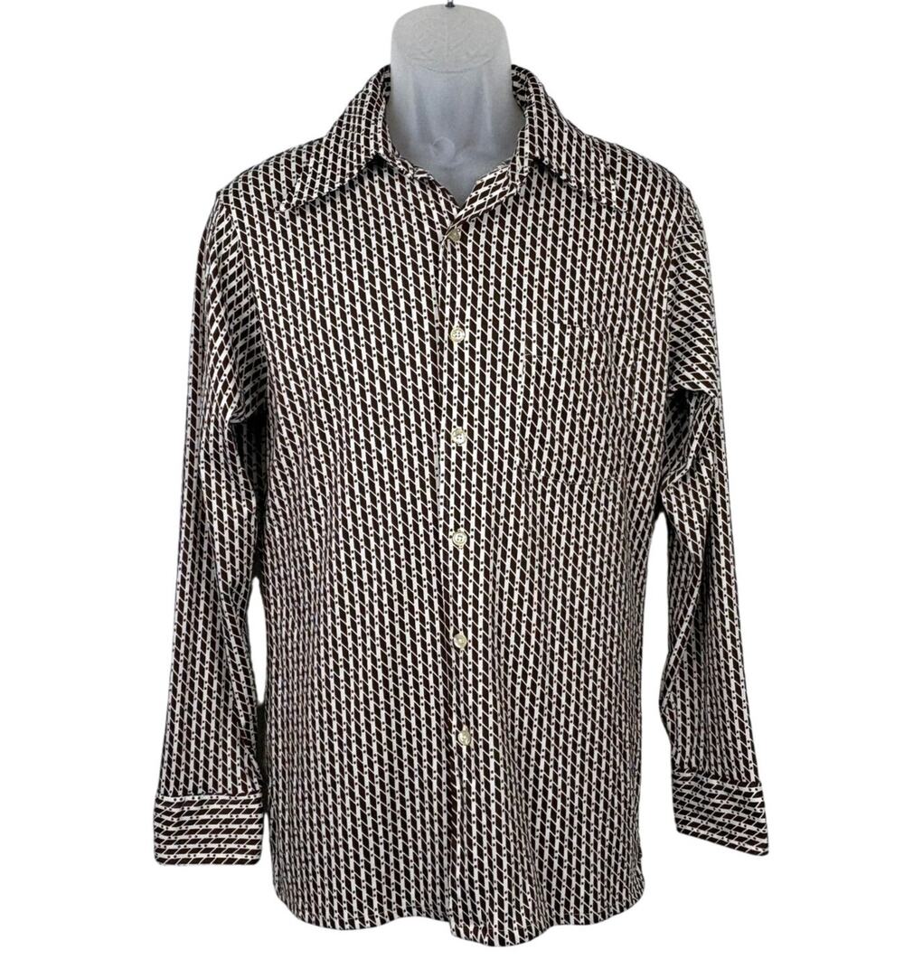 Vintage 70s Michael Richard Polyester Dagger Collar Disco Mod Geometric Shirt L